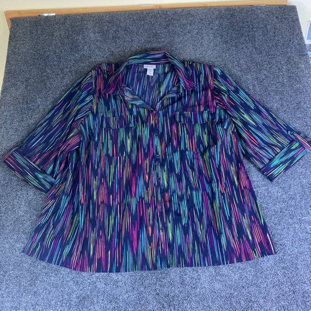 Maggie Barnes for Catherines Shirt Womens 3X Multicolor Abstract Roll Tab Sleeve